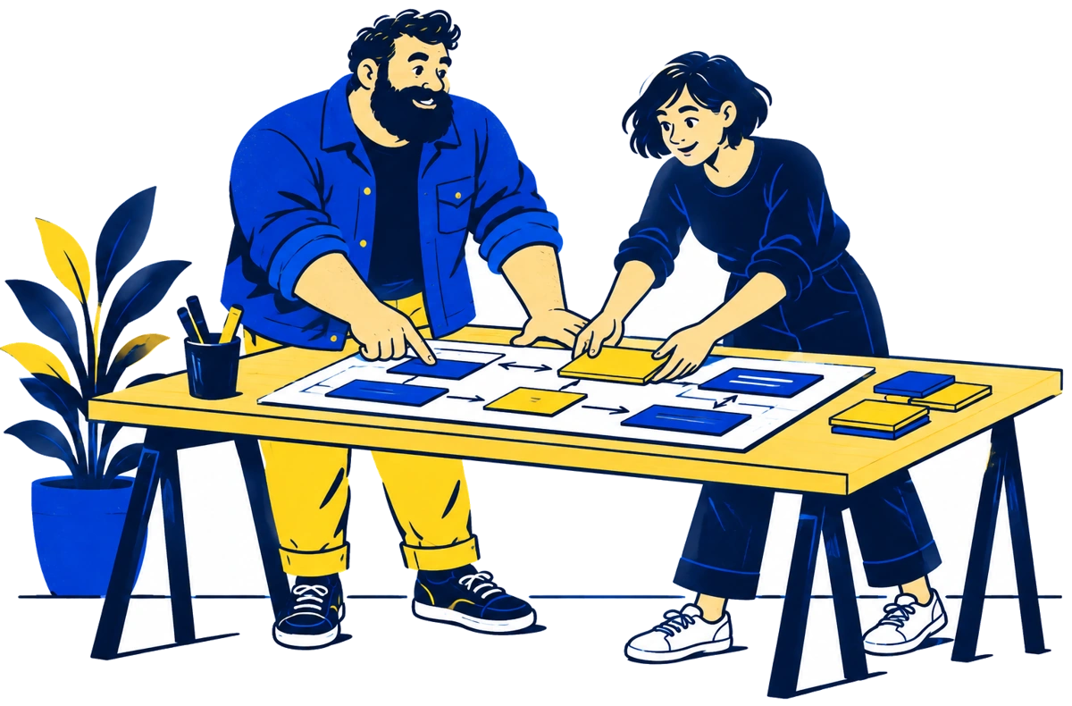 Two engineering colleagues working through a design at a shared bench